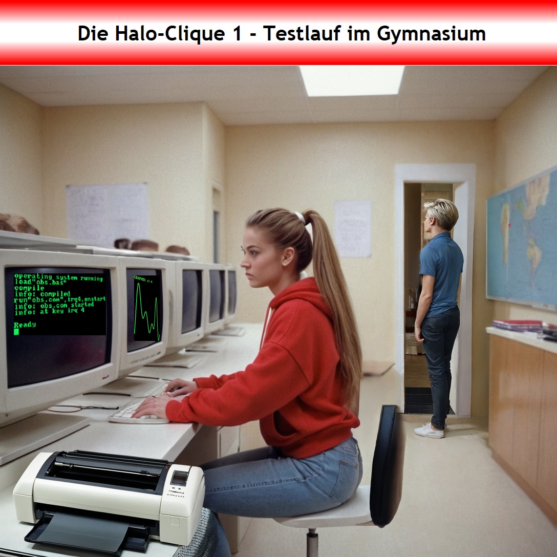 Cover zum Hörspiel 'Die Halo-Clique 1 - Testlauf im Gymnasium' : Im Computerraum der Schule sitzt Yvonne an einem Rechner und startet ein Programm. Christian steht Schmiere an der halboffenen Tür.