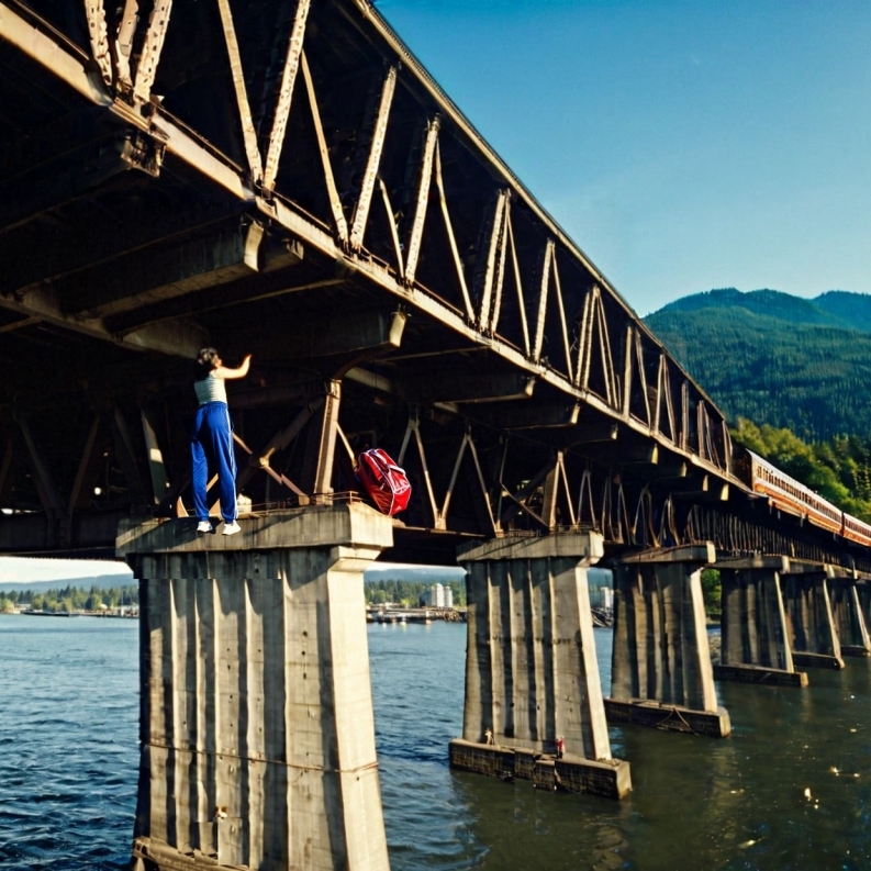 Cover zur Geschichte 'Charlottes Blick 12 - Missbrauchtes Vertrauen' : Eine Eisenbahnbrücke über den Fraser-River in Vancouver. Ein Zug am fernen Ende der Brücke. Charlotte klettert an den Brückenpfeilern entlang. Ihr Ziel ist eine rote Tasche, die sich in der Stahlkonstruktion verheddert hat.