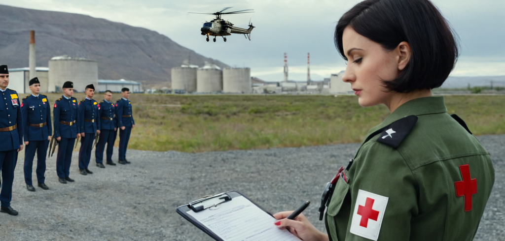 Cover zur Geschichte 'Charlottes Blick 6 - Außer Kontrolle' : In einem Tal mit einem militöärischen Atomforschungsreaktor hält Charlotte in Sanitätsuniform den Morgenappell vor einigen Soldaten ab. Ein Hubschrauber schwebt am Himmel, im Hintergrund ist der Reaktorkomplex zu sehen.