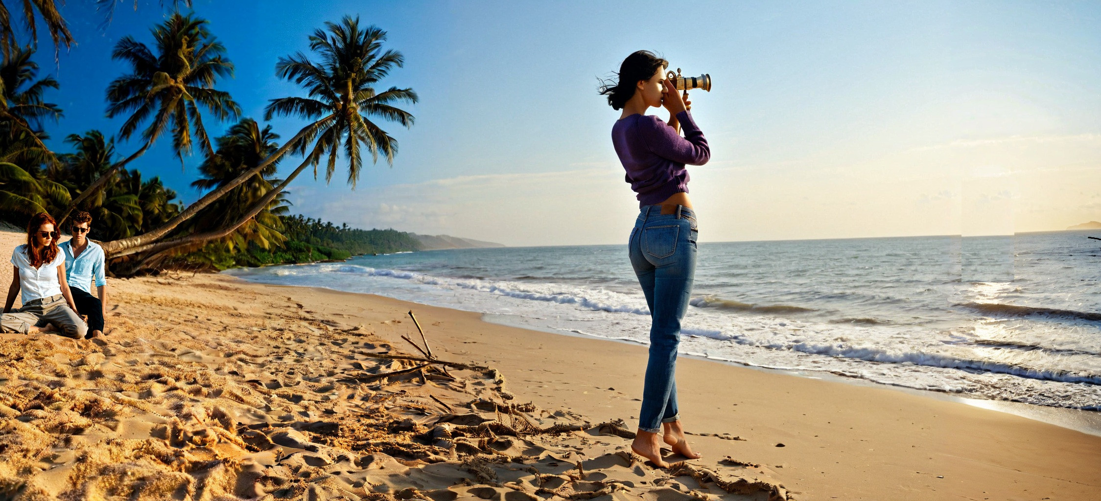 Cover zur Geschichte 'Charlottes Blick 8 - Grauenvolle Spuren' : Charlotte mit zwei Bekannten an einem Sandstrand. Sie hält einen Sextanten in der Hand und schaut hindurch.