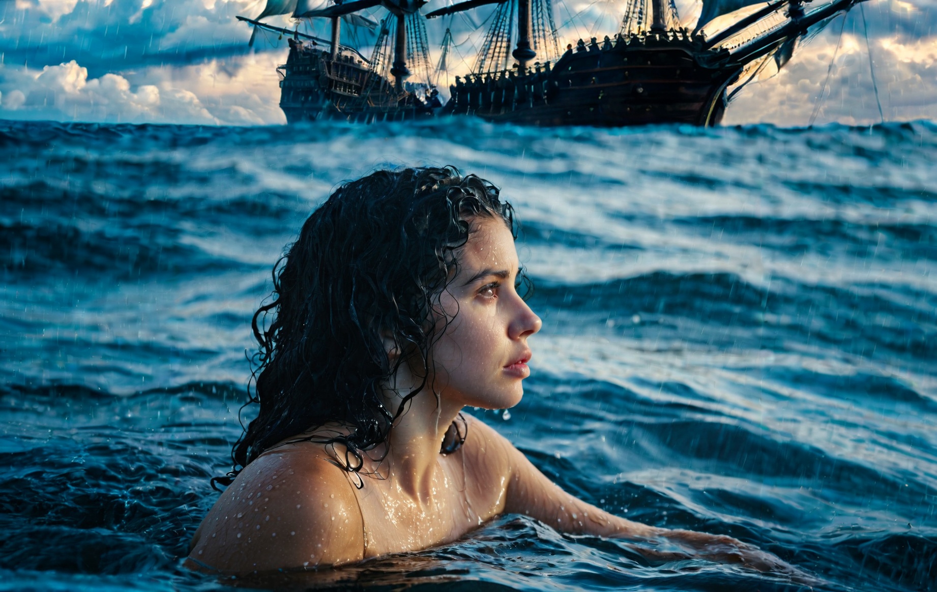 Cover zur Geschichte 'Charlottes Blick (Tempus) 1 - Das Piratengirl' : Charlotte schwimmt im Vordergrund im Ozean. Land ist nirgends zu sehen. Im Hintergrund ankert ein Piratenschiff.