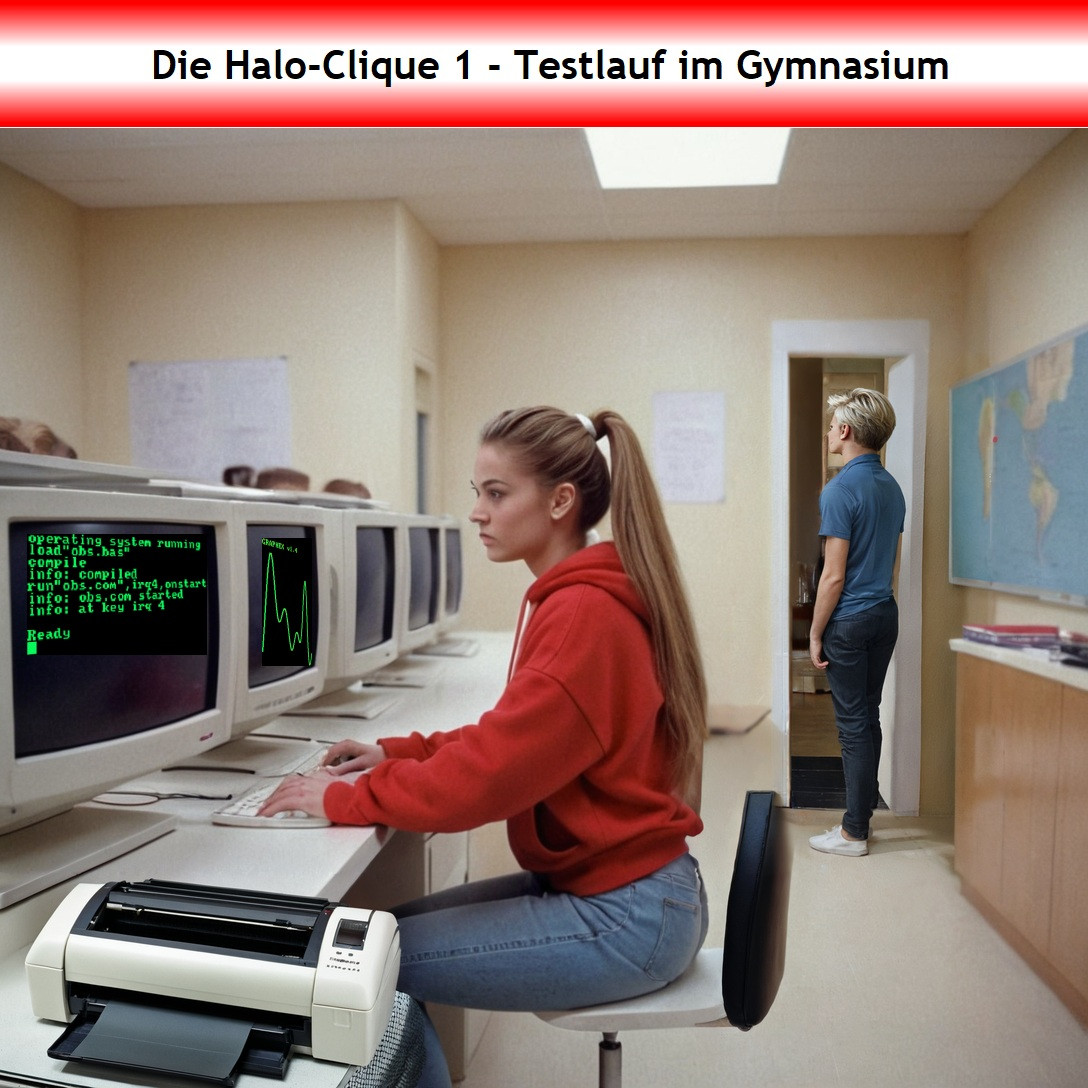 Cover zur Geschichte 'Die Halo-Clique 1 – Testlauf im Gymnasium' : Im Computrraum der Schule. Yvonne sitzt an einem Rechner mit Grünmonitor und gibt ein Programm ein. Christian steht an der Tür zum Gang und hält Wache.