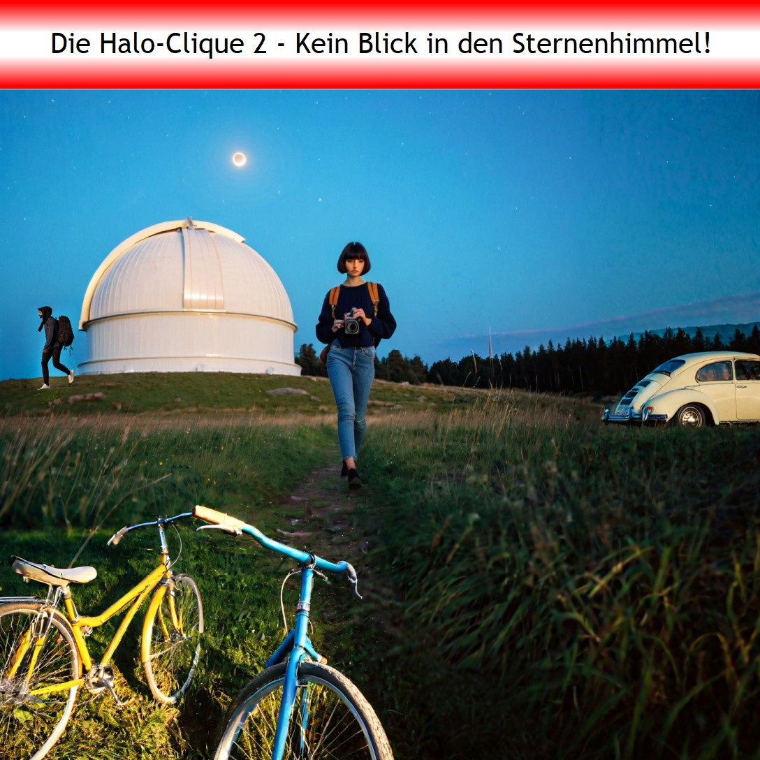 Cover zur Geschichte 'Die Halo-Clique 2 - Kein Blick in den Sternenhimmel!' : Lena mit Kamera auf einem Feld läuft auf den Betrachter zu. Im Vordergrund ein paar Fahrräder sowie parkende Autos. Im Hintergrund die Kuppel der Sternwarte mit einer Gestalt mit Rucksack, die sich davonschleicht.