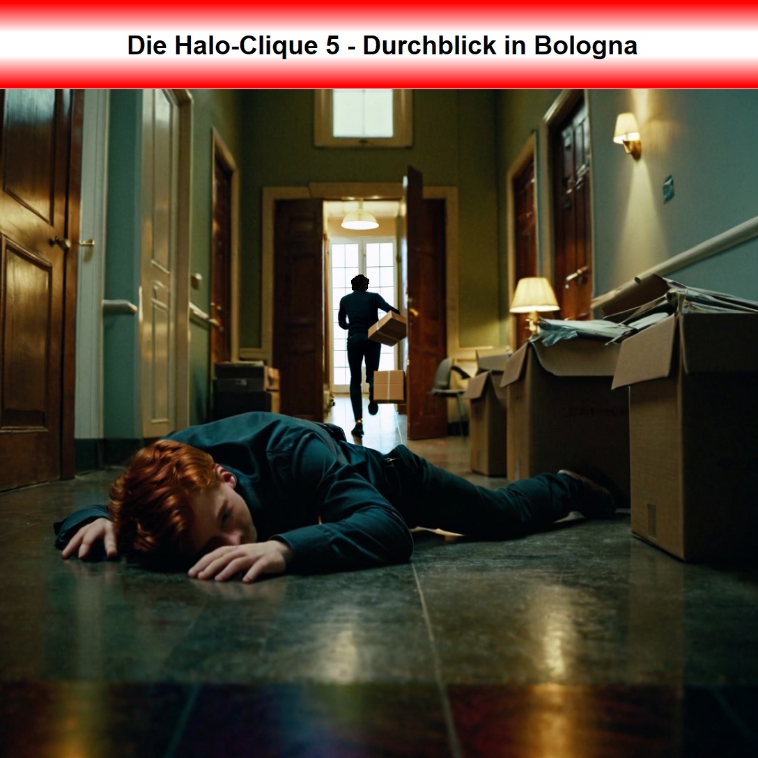 Cover zur Geschichte 'Die Halo-Clique 5 - Durchblick in Bologna' : Moritz liegt bewusstlos am Boden eines Lagerraums. Im Hintergrund rennt eine dunkle Gestalt mit eine Paket weg.