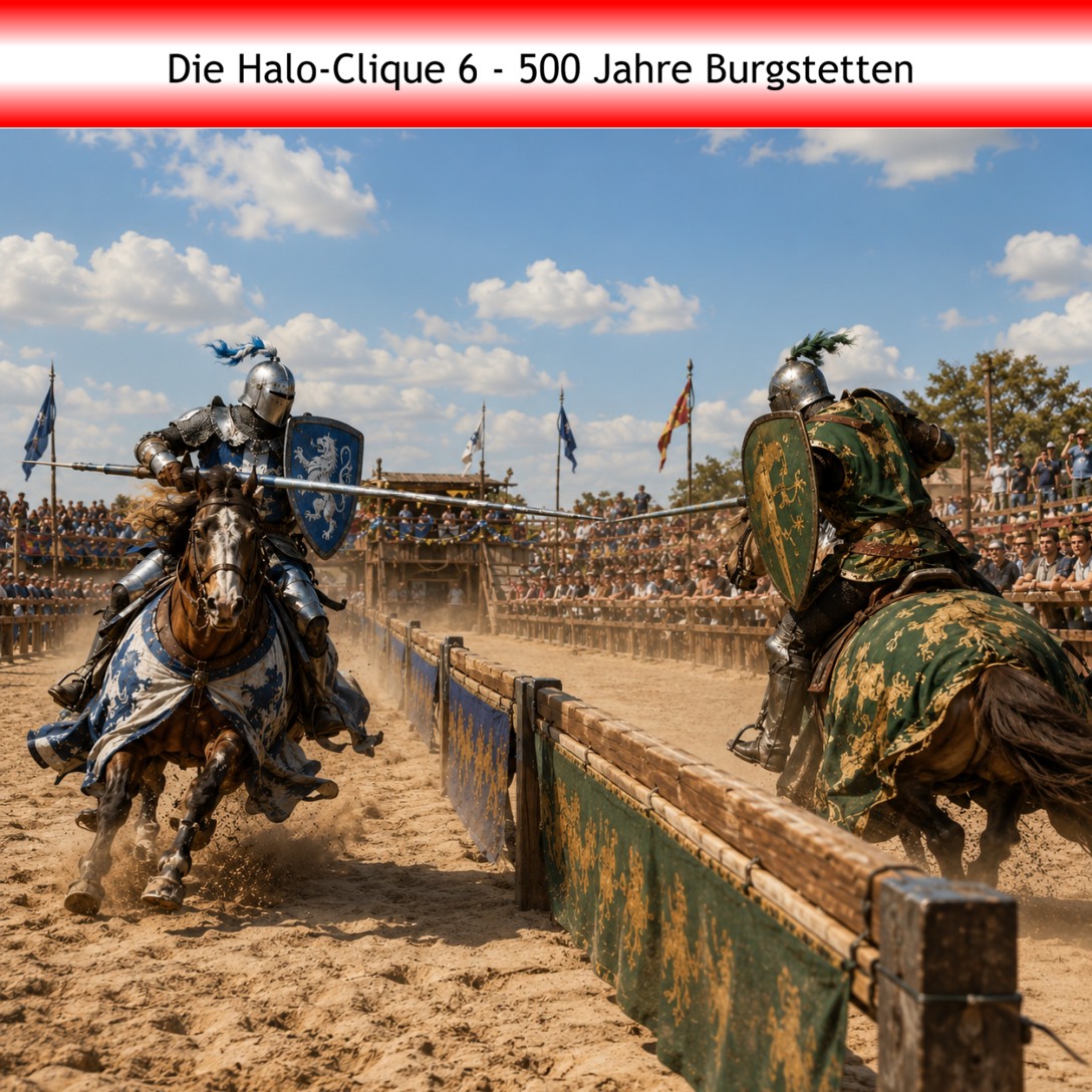 Cover zur Geschichte 'Die Halo-Clique 6 - 500 Jahre Burgstetten' : Zwei Ritter reiten mit Lanzen im Rahmen eines Turniers auf einer Sandstrecke aufeinander zu. Zuschauer am Rand.