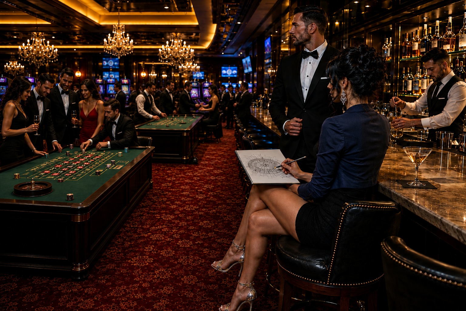Cover zur Geschichte 'Charlottes Blick 5 - Die Bannmeile' : In einem Spielcasino stehen mehrere Roulettetische sowie Einarmige-Banditen-Spielautomaten. Rechts befindet sich ein langer bartresen. Auf einem Hocker sitzt Charlotte in einem eleganten Minikleid mit Bolero und hält einen Zeichenblock in der Hand. Sie hat einen Roulettekessel skiziiert. Neben ihr steht ein von ihr engagierter Leibwächter.
